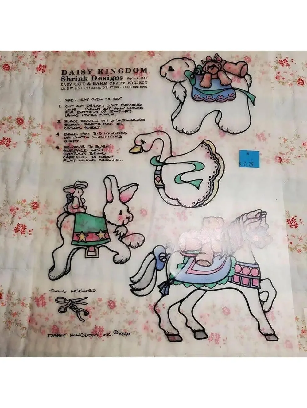 Vintage Daisy Kingdom Shrinky Dinks Fabric Panel Set of 4 Bear & Basket Designs